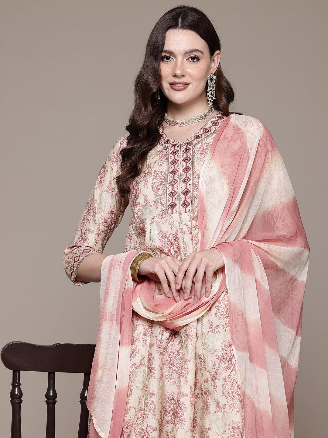 Anarkali style Silk fabric Mauve color kurta with Bottom and Dupatta