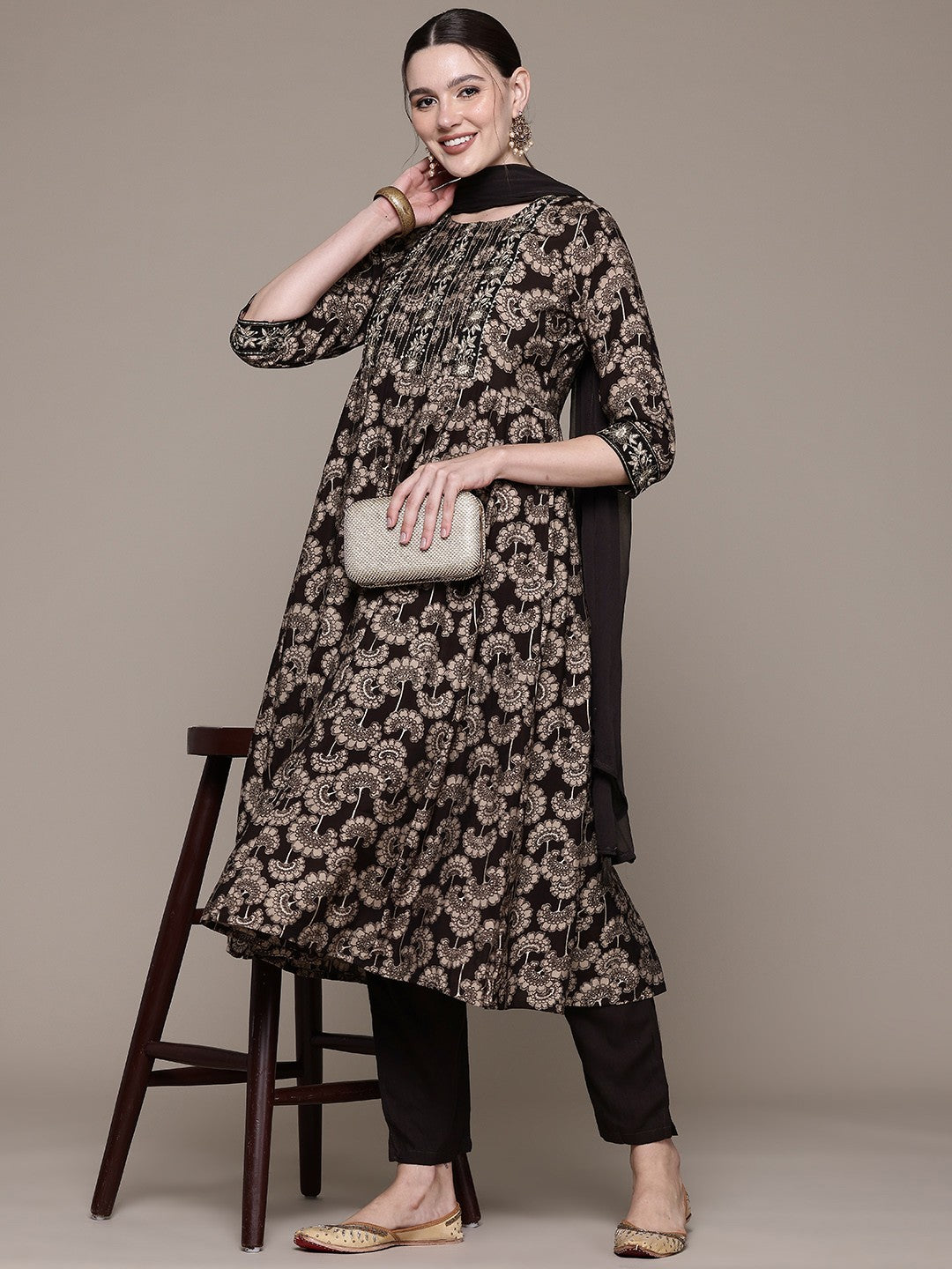 Anarkali style Silk fabric Black color kurta with Bottom and Dupatta
