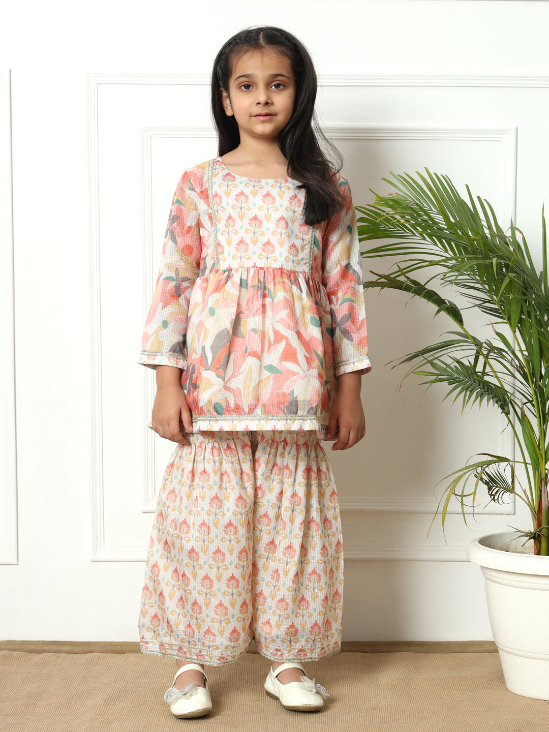 Frock style Kota Doria fabric Off White color Kurti with Sharara