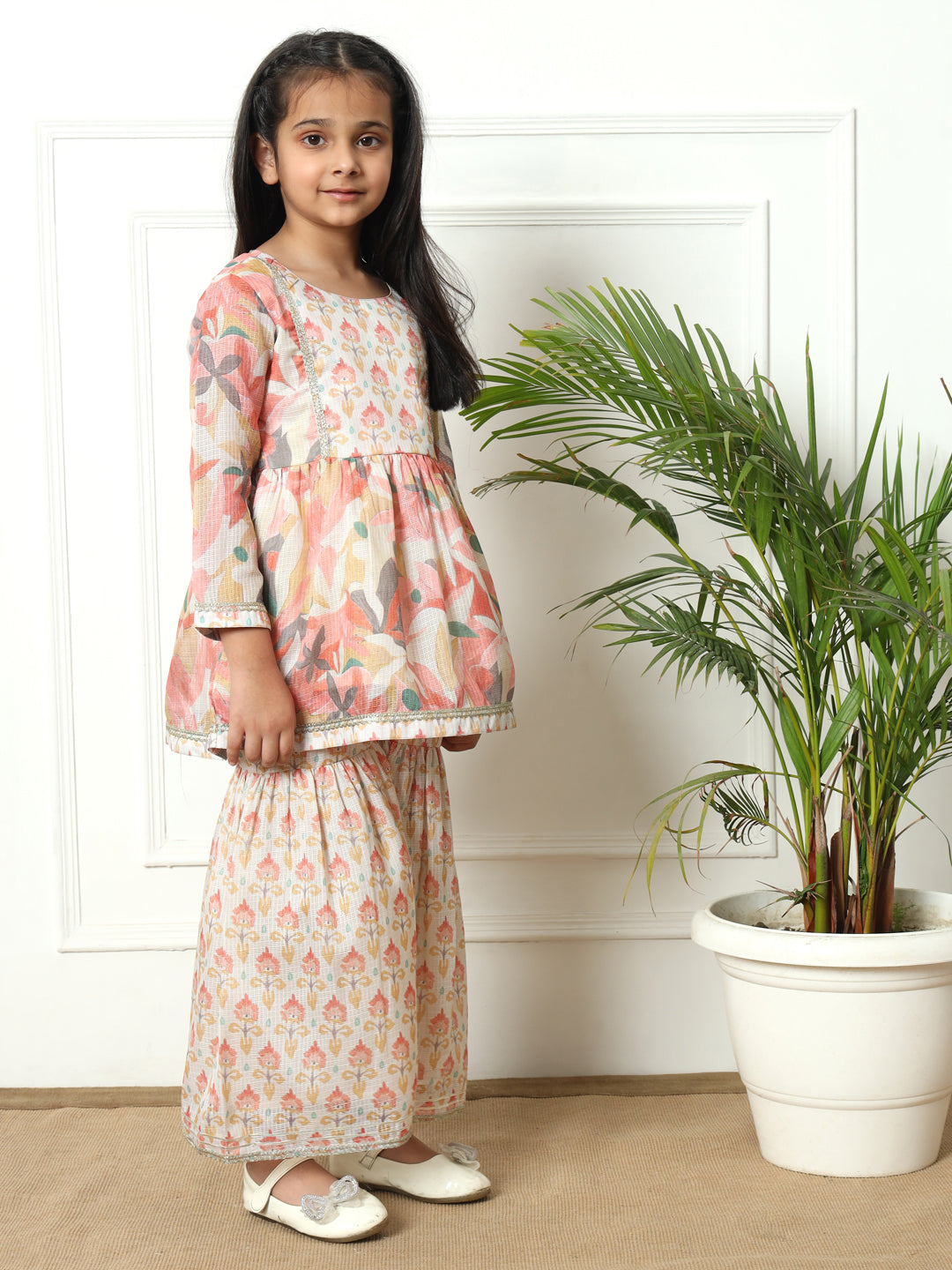 Frock style Kota Doria fabric Off White color Kurti with Sharara