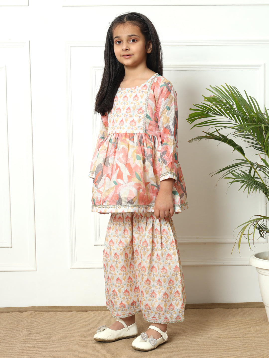Frock style Kota Doria fabric Off White color Kurti with Sharara