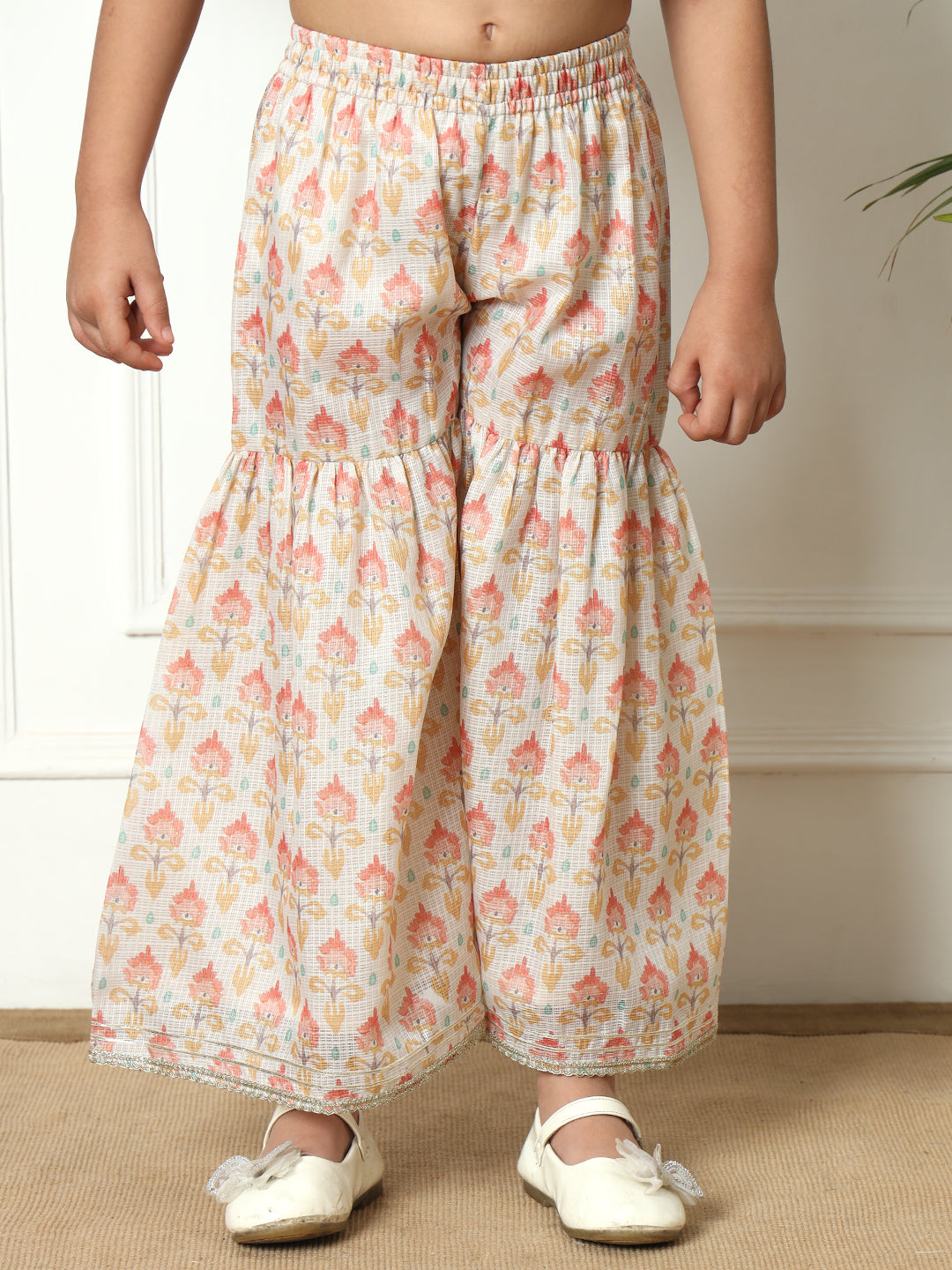 Frock style Kota Doria fabric Off White color Kurti with Sharara