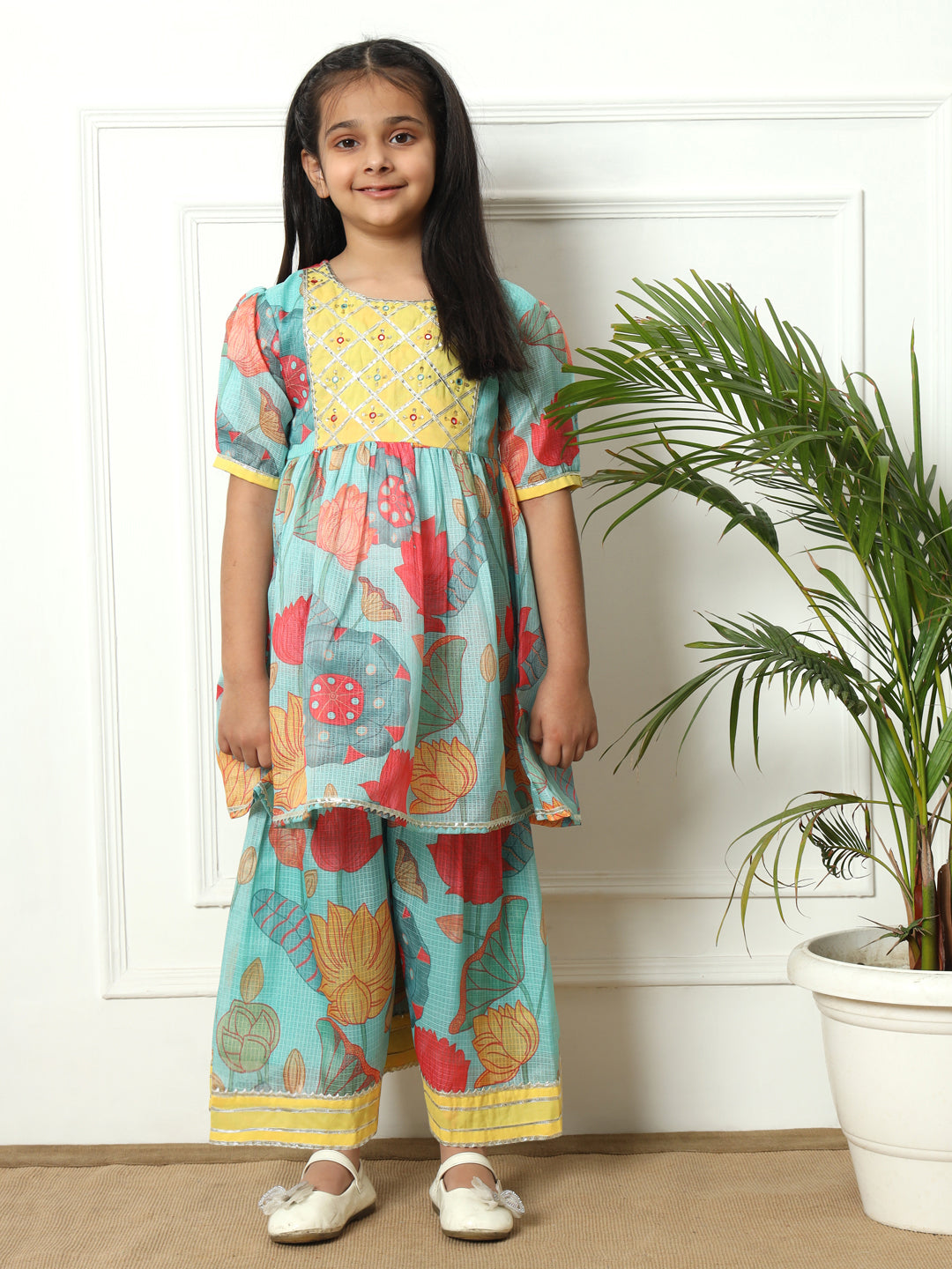 Frock style Kota Doria fabric Sea Green color Kurti with Sharara