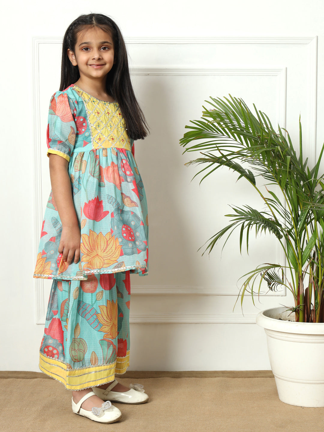 Frock style Kota Doria fabric Sea Green color Kurti with Sharara