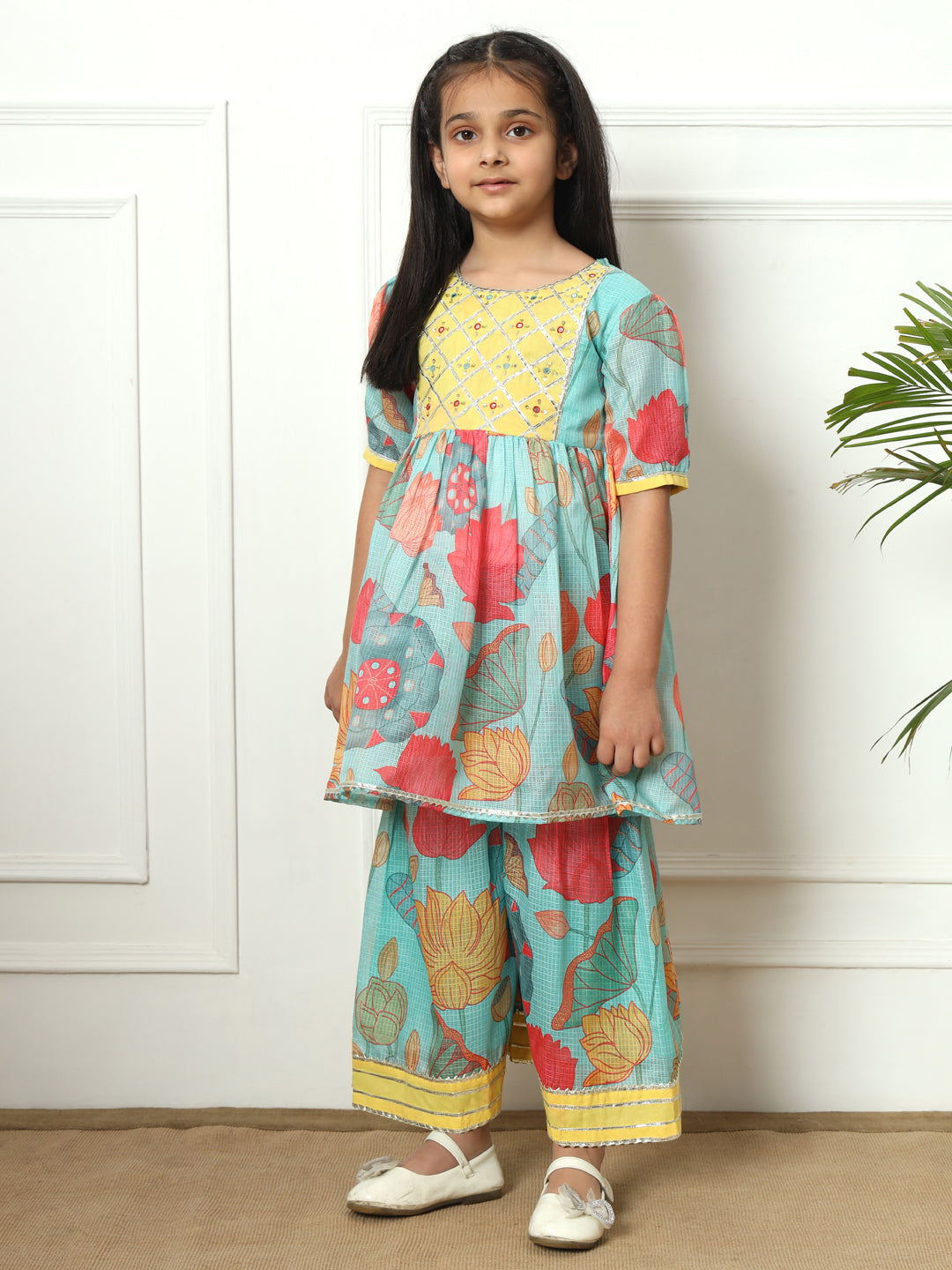Frock style Kota Doria fabric Sea Green color Kurti with Sharara