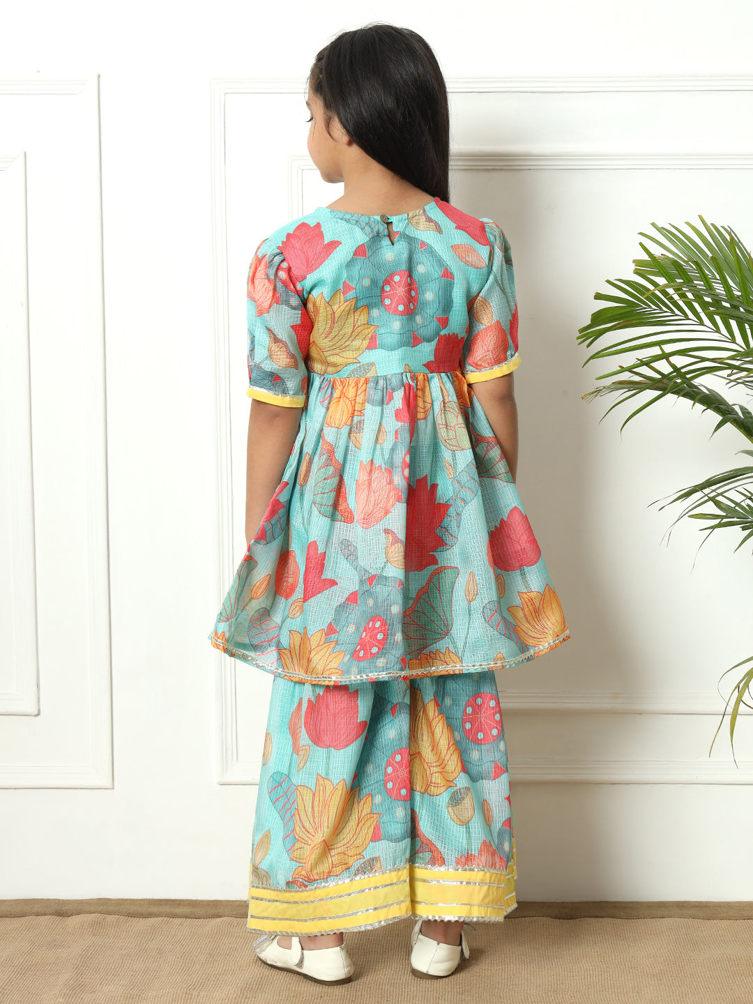 Frock style Kota Doria fabric Sea Green color Kurti with Sharara
