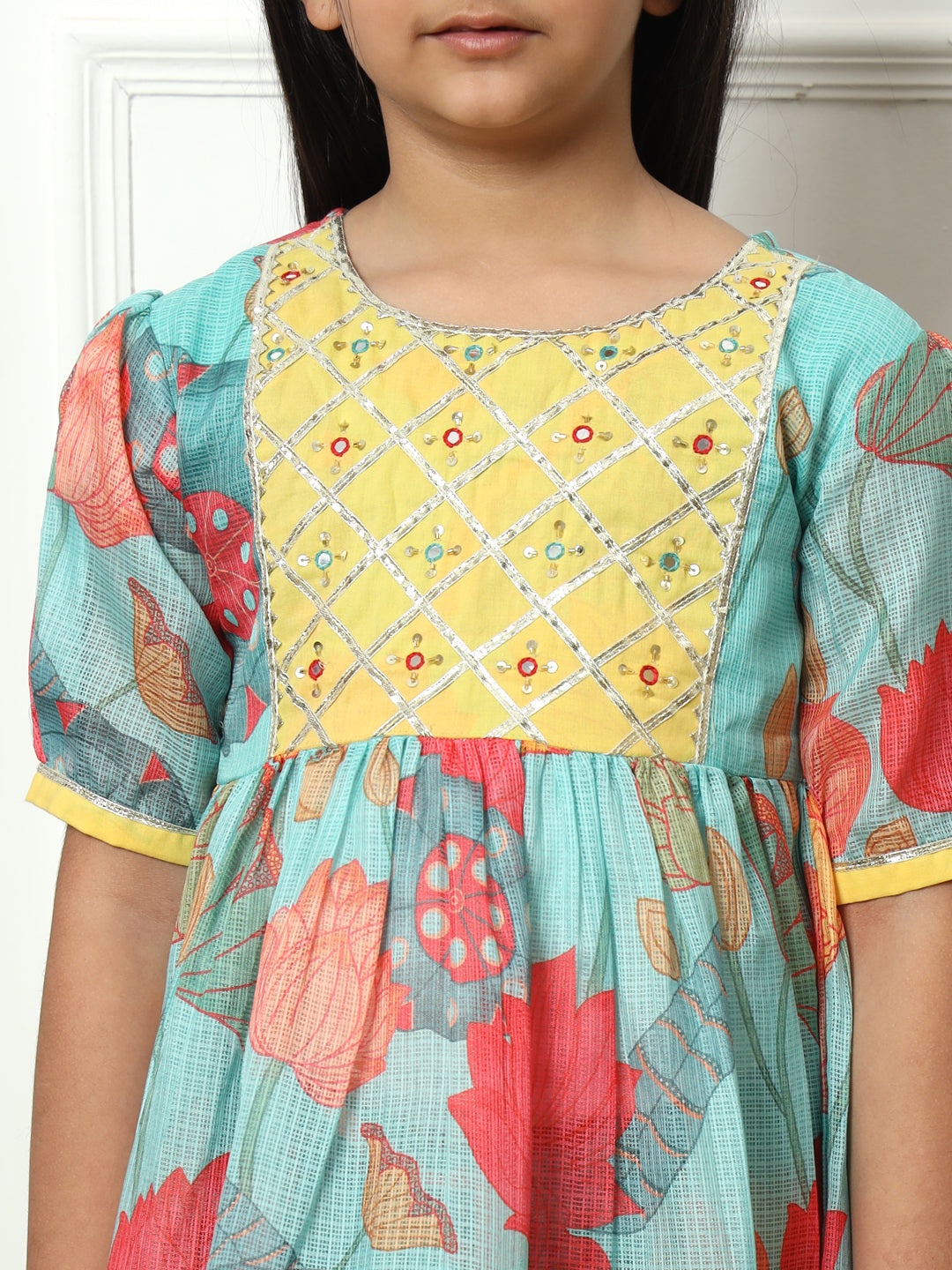 Frock style Kota Doria fabric Sea Green color Kurti with Sharara