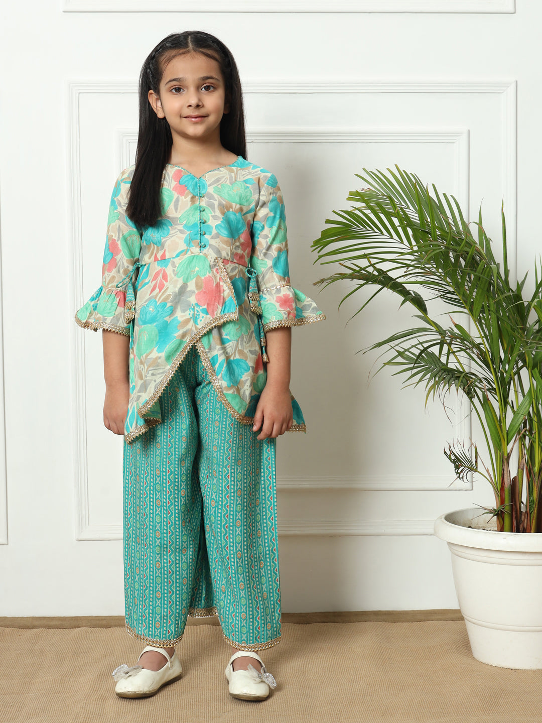 A line style Silk fabric Sea Green color Kurti with Bottom