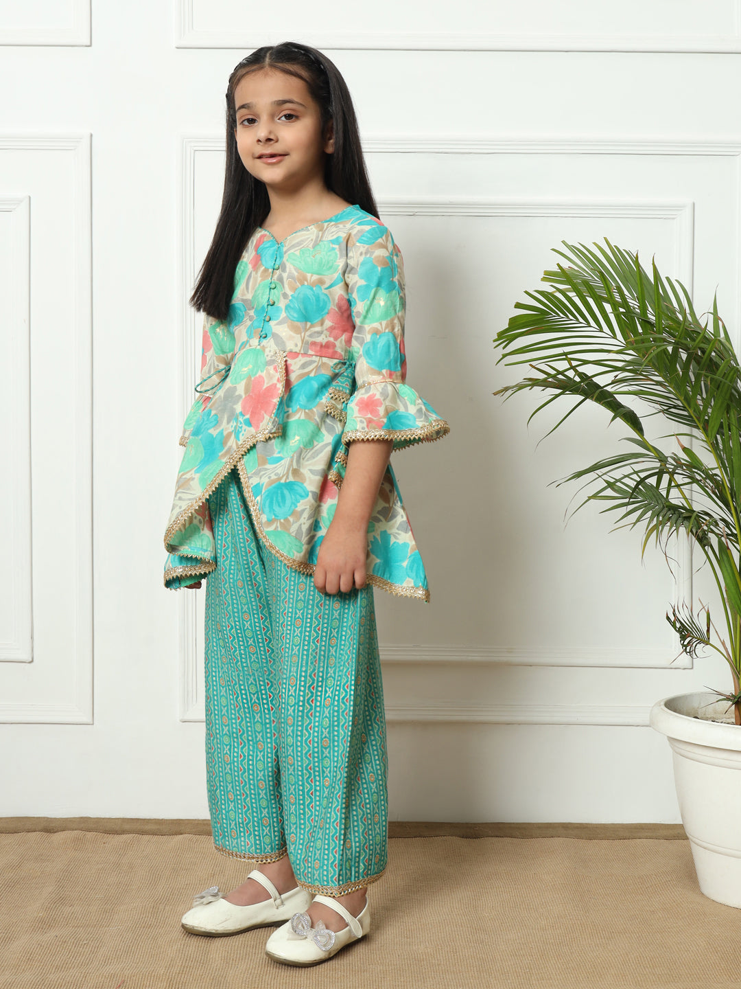A line style Silk fabric Sea Green color Kurti with Bottom