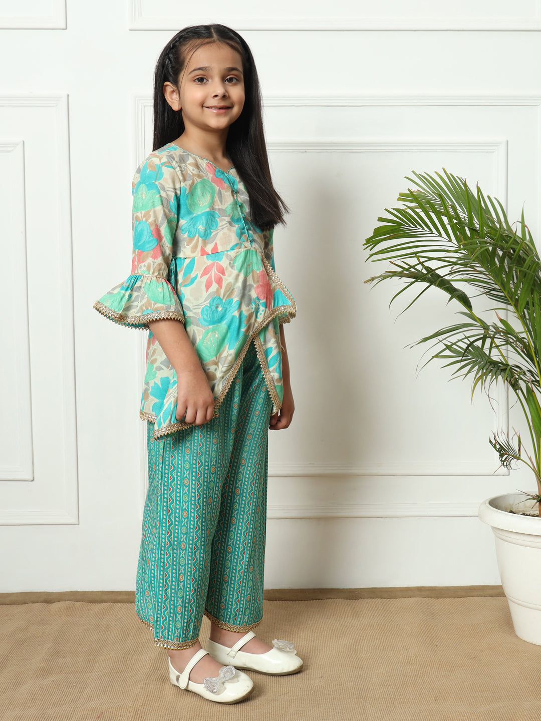 A line style Silk fabric Sea Green color Kurti with Bottom