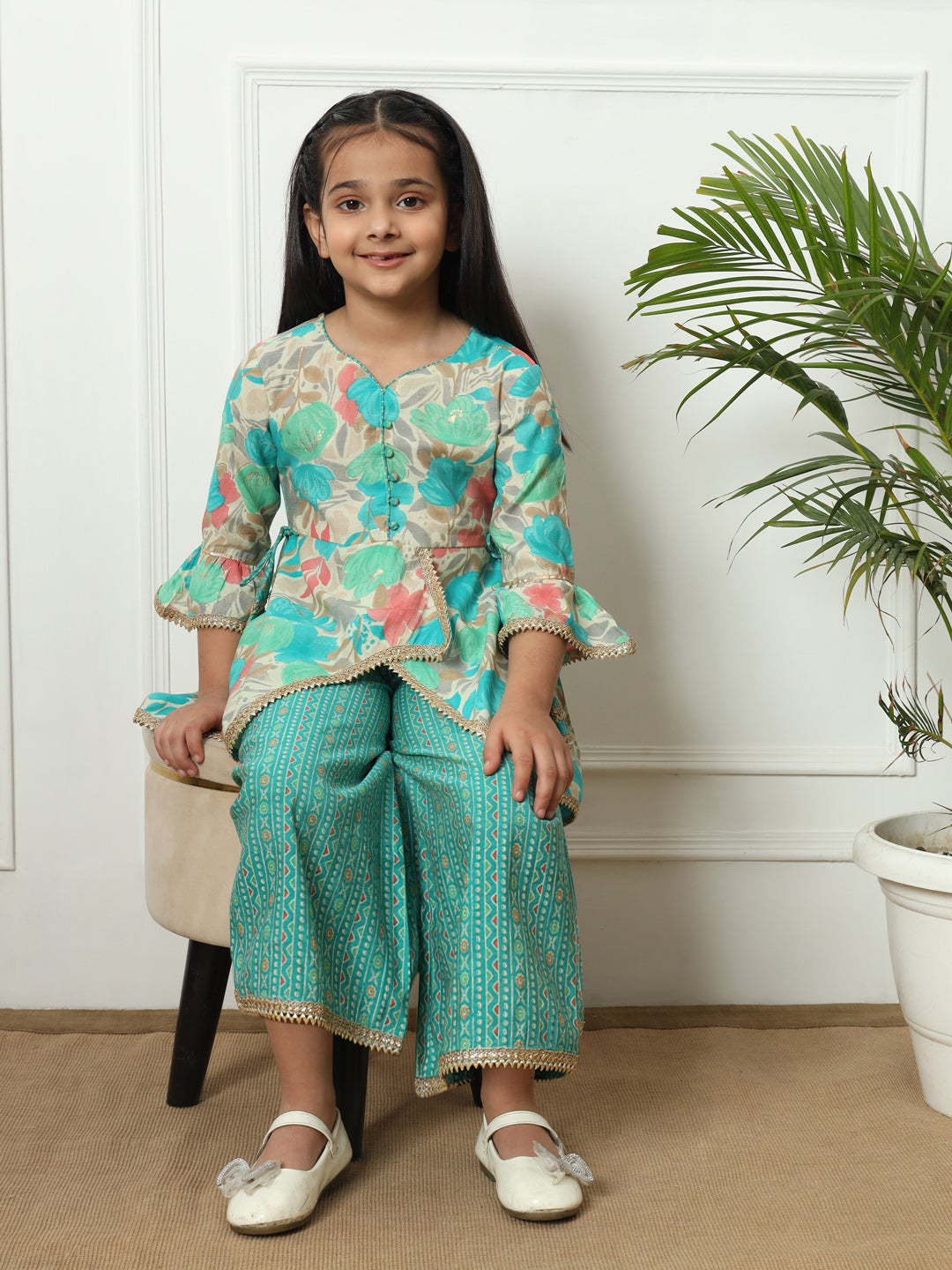 A line style Silk fabric Sea Green color Kurti with Bottom