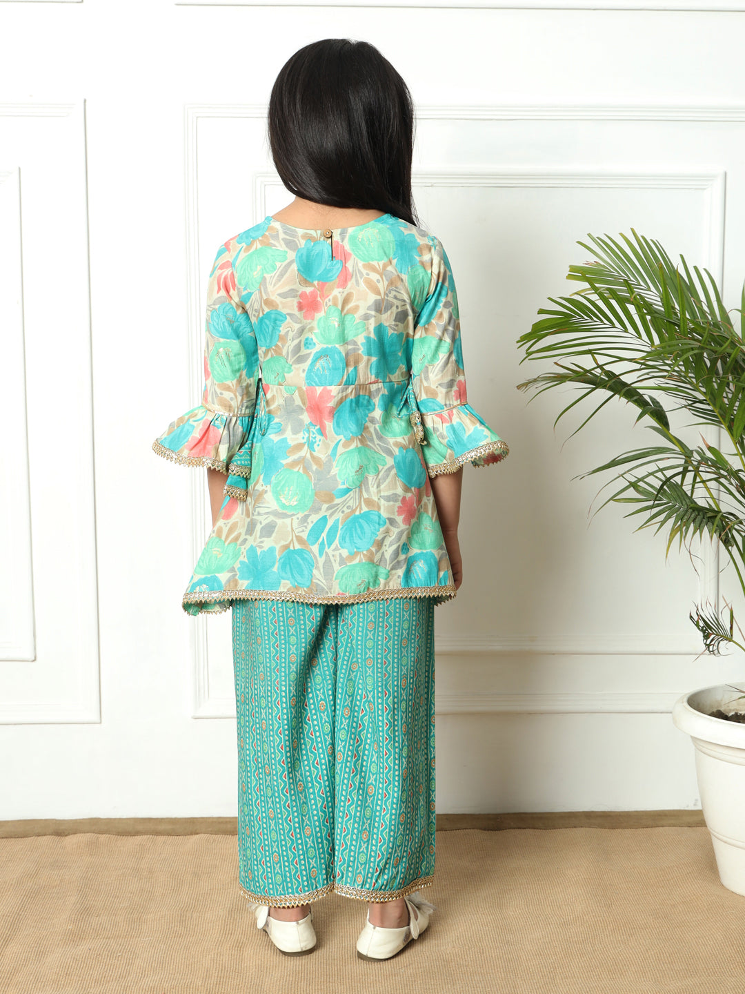 A line style Silk fabric Sea Green color Kurti with Bottom