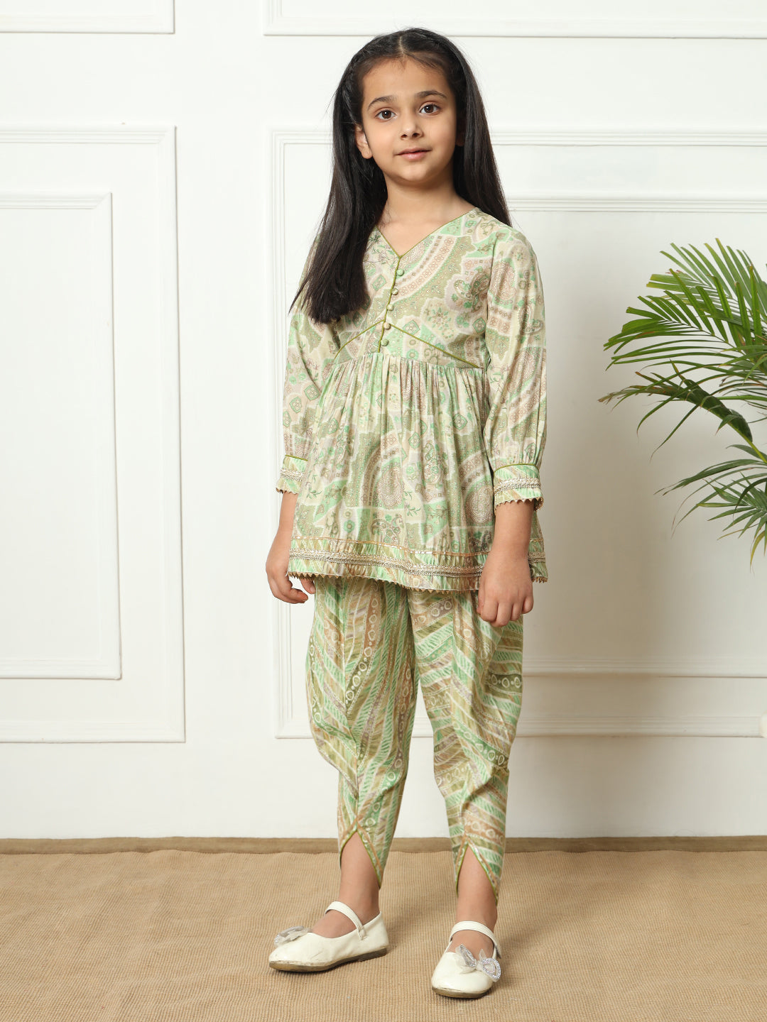 Frock style Silk fabric Olive color Kurti with Bottom