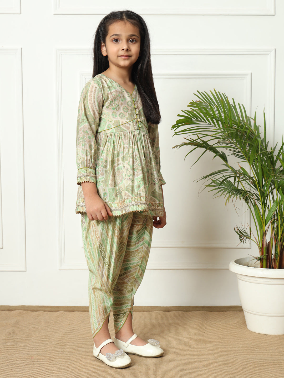 Frock style Silk fabric Olive color Kurti with Bottom