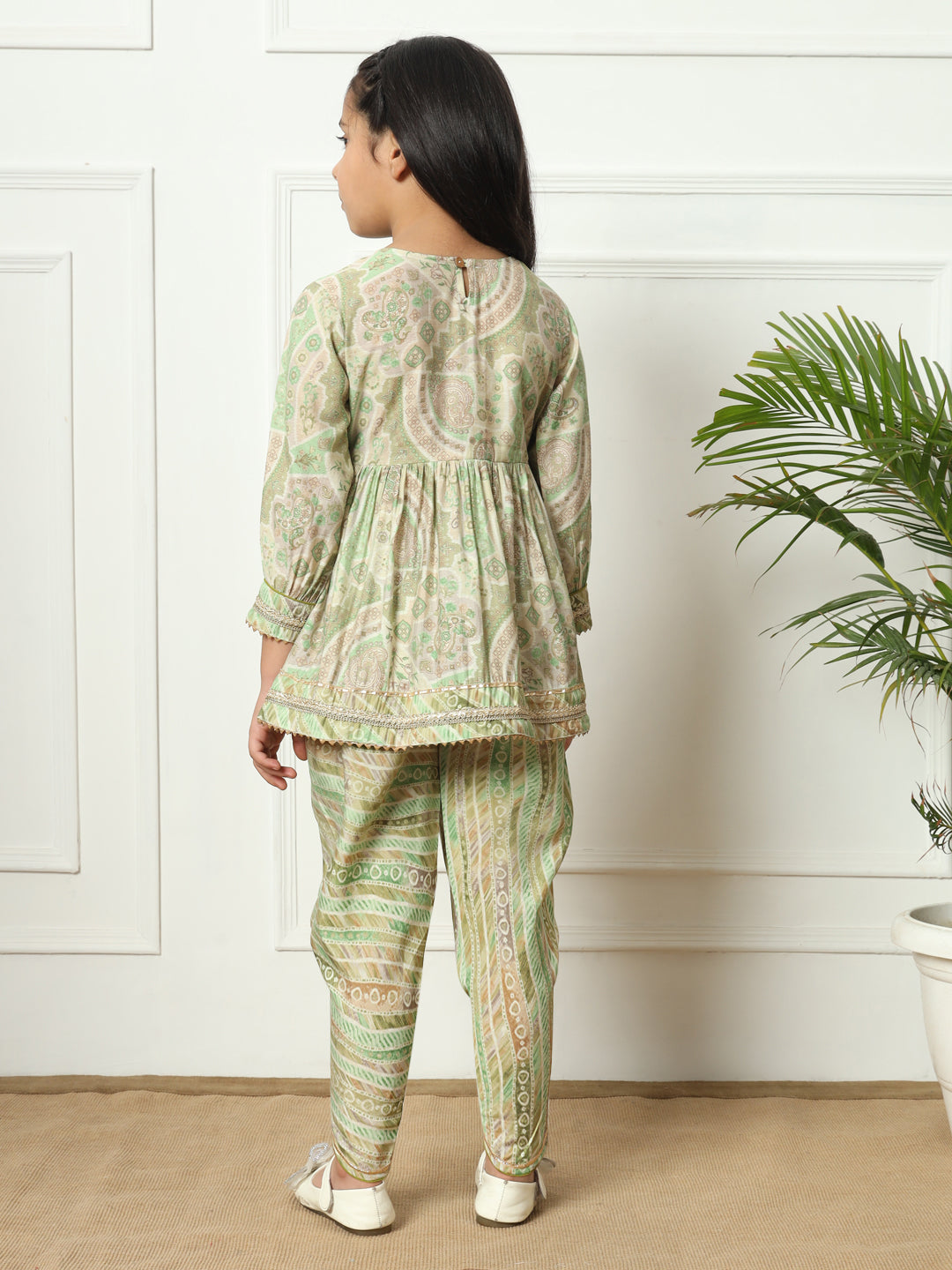 Frock style Silk fabric Olive color Kurti with Bottom