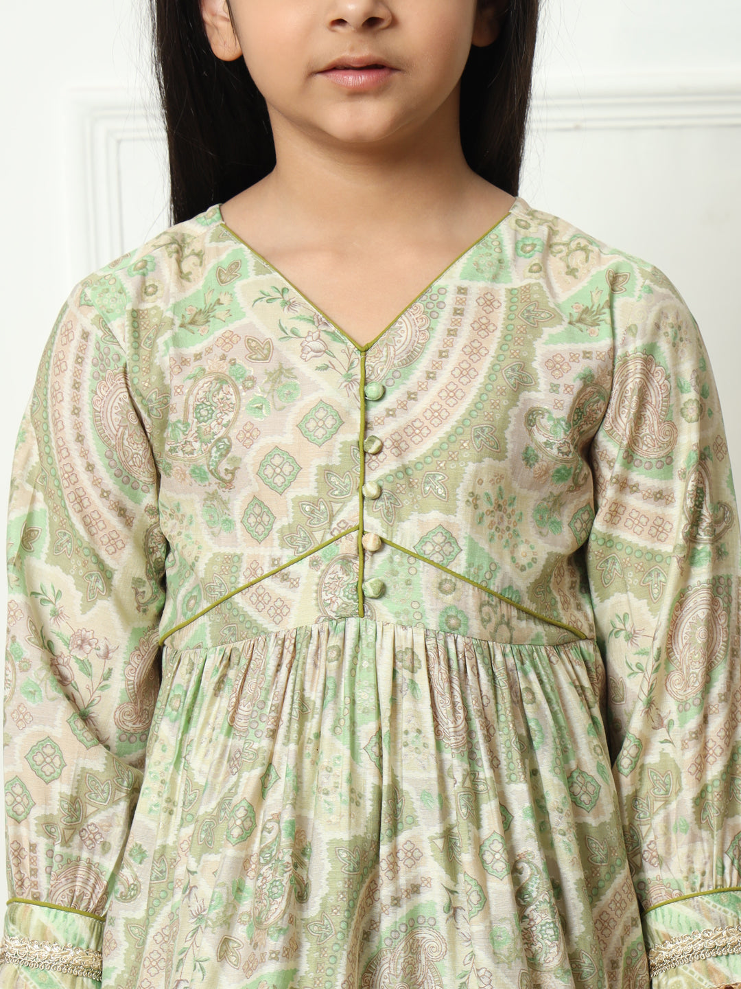 Frock style Silk fabric Olive color Kurti with Bottom
