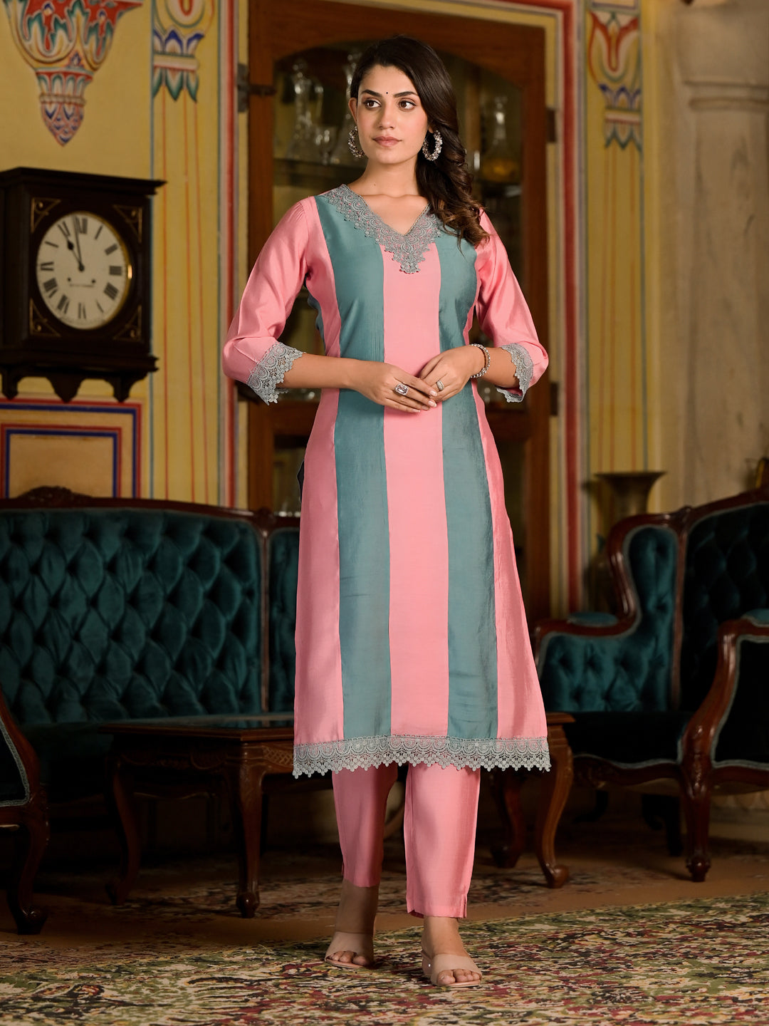Straight Style Silk Fabric Teal And Mauve Color Colourblocked Kurti With Lace Work With Palazzo And Dupatta