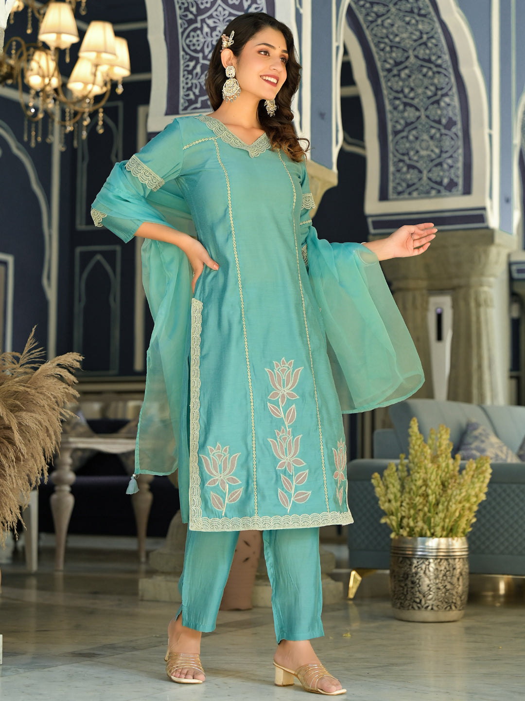 Straight Style Silk Fabric Teal Color Kurti With Palazzo And Dupatta With Lace And Patch Work