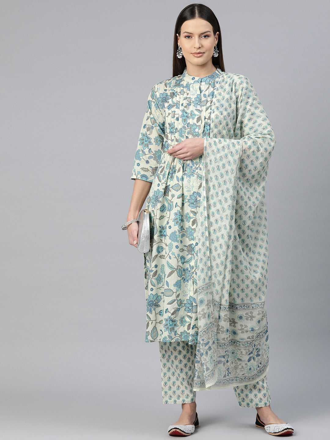 Straight Style Cotton Fabric Blue Color Floral Printed Kurti With Salwar And Dupatta
