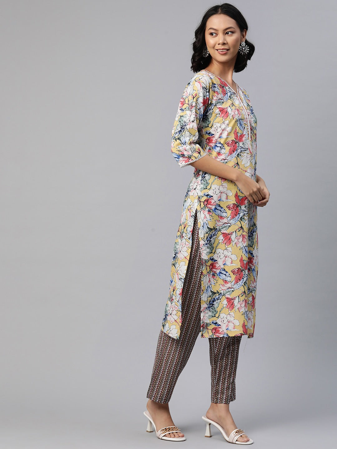 Straight Style Cotton Fabric Yellow Color Floral Printed Kurti With Palazzo And Dupatta