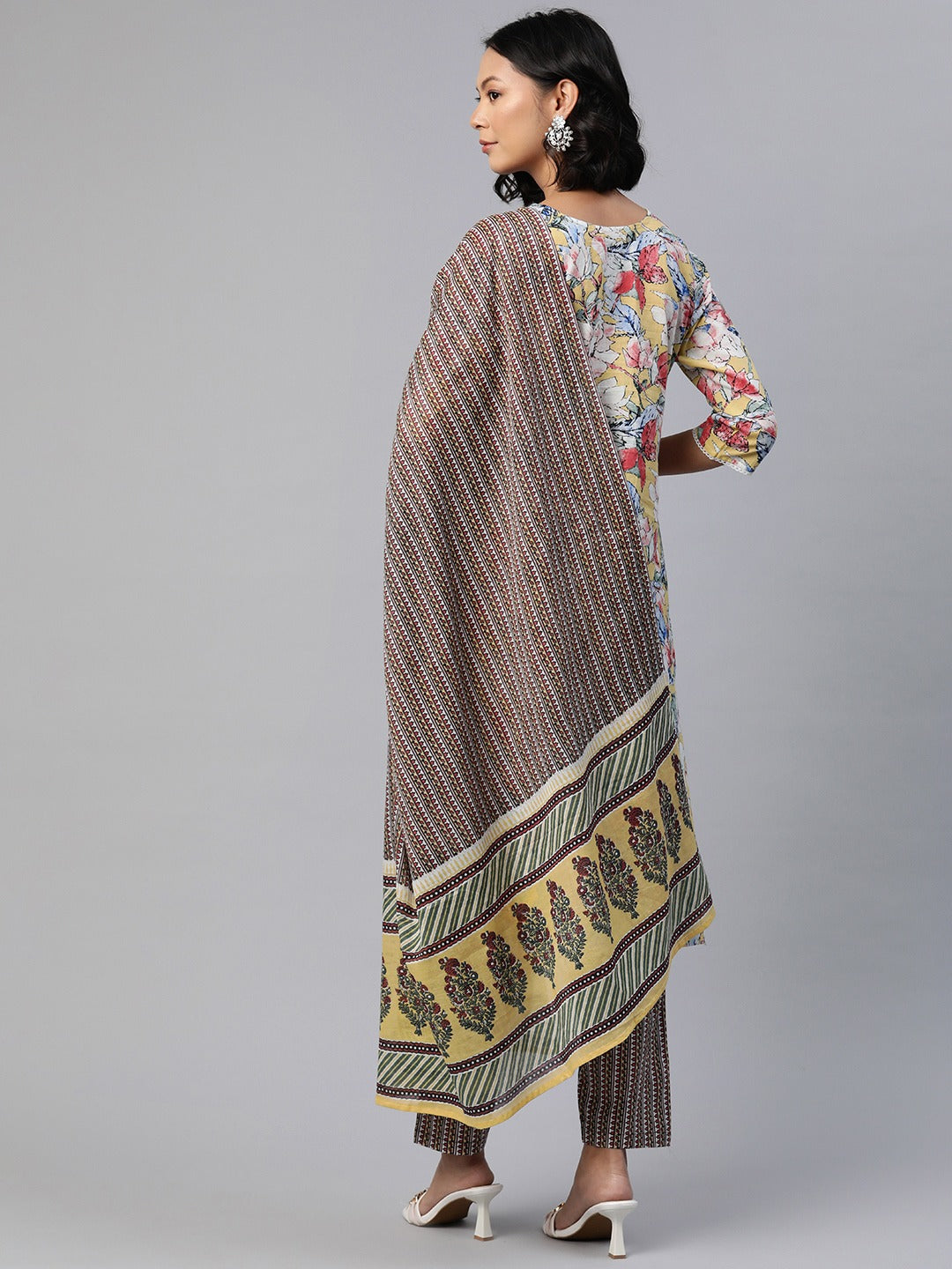 Straight Style Cotton Fabric Yellow Color Floral Printed Kurti With Palazzo And Dupatta