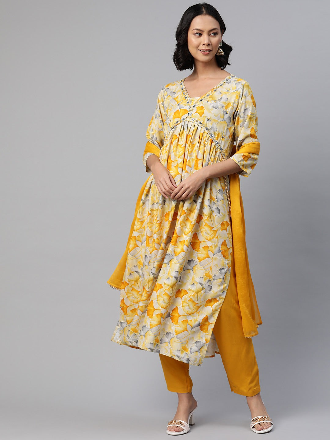 Anarkali Style Rayon Fabric Mustard Color Floral Printed, Mirror Kurti With Salwar And Dupatta