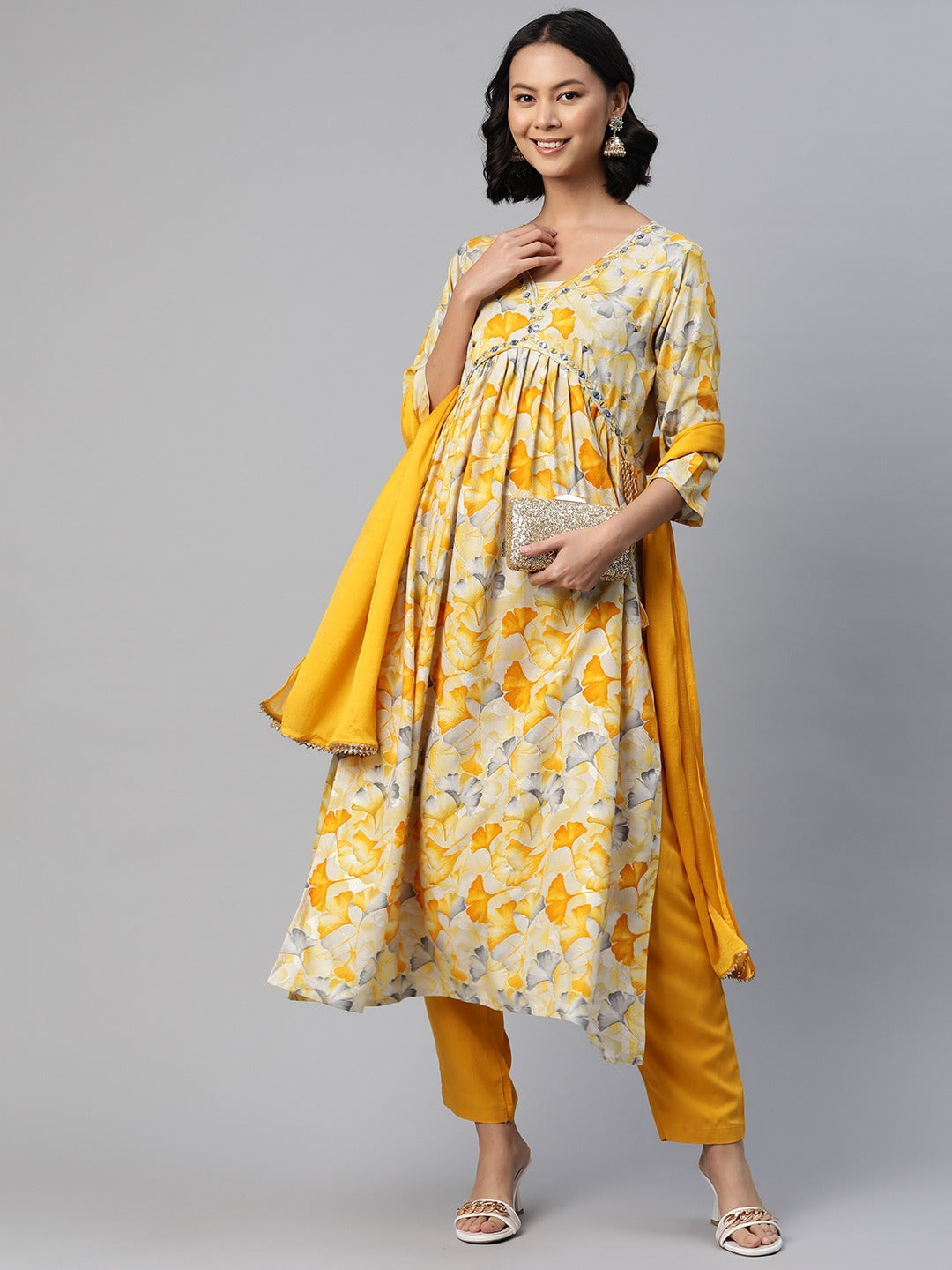 Anarkali Style Rayon Fabric Mustard Color Floral Printed, Mirror Kurti With Salwar And Dupatta