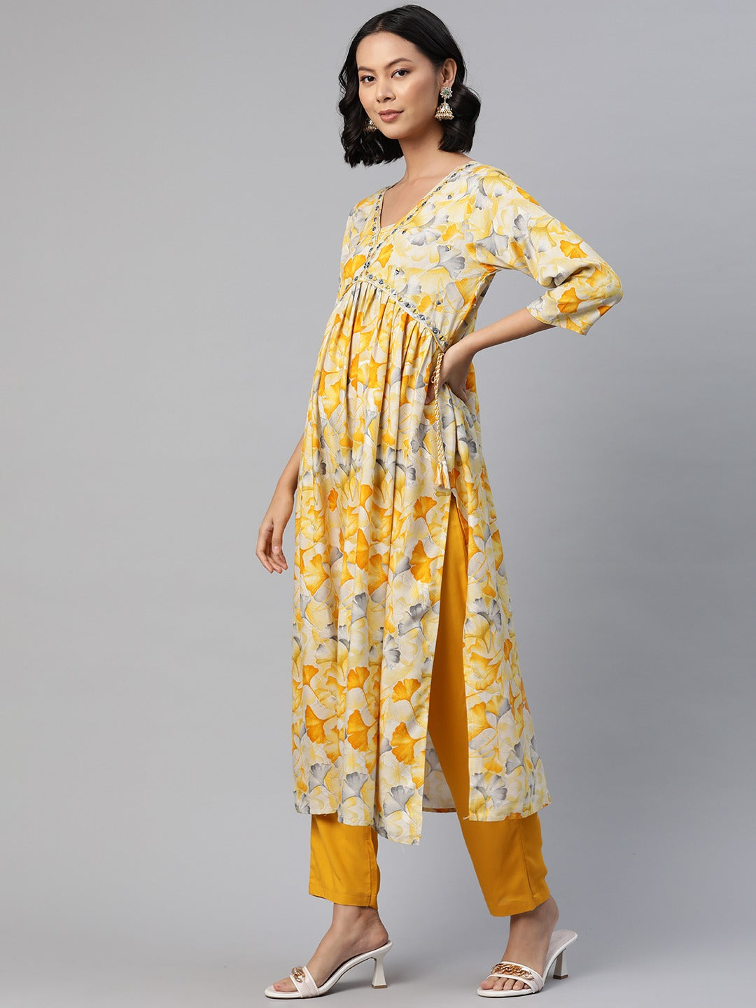 Anarkali Style Rayon Fabric Mustard Color Floral Printed, Mirror Kurti With Salwar And Dupatta