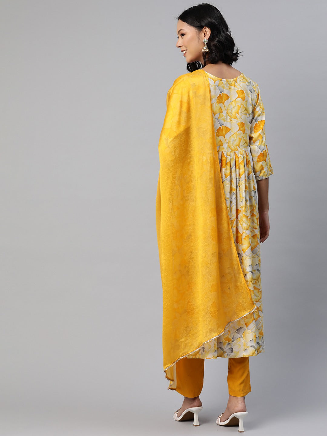 Anarkali Style Rayon Fabric Mustard Color Floral Printed, Mirror Kurti With Salwar And Dupatta