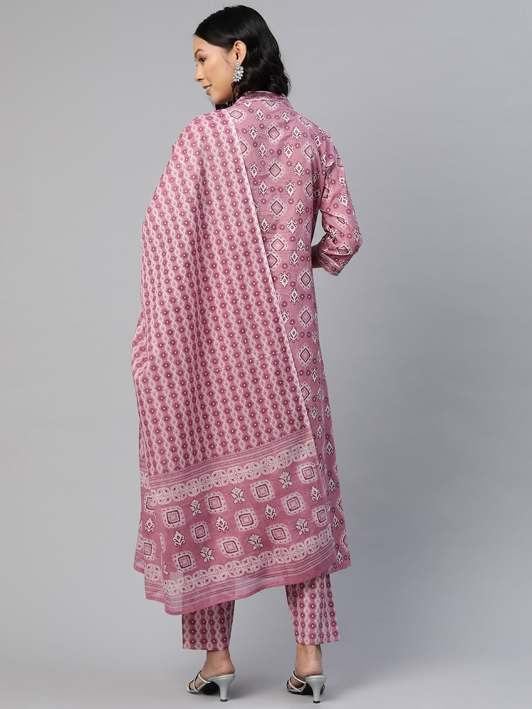 A Line Style Cotton Fabric Mauve Color Printed Kurti With Salwar And Dupatta