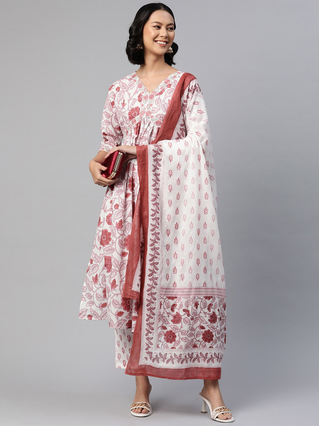 Anarkali Style Cotton Fabric Pink Color Floral Printed Embroidered Kurti With Salwar And Dupatta