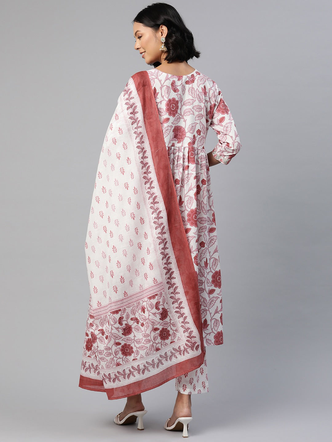 Anarkali Style Cotton Fabric Pink Color Floral Printed Embroidered Kurti With Salwar And Dupatta
