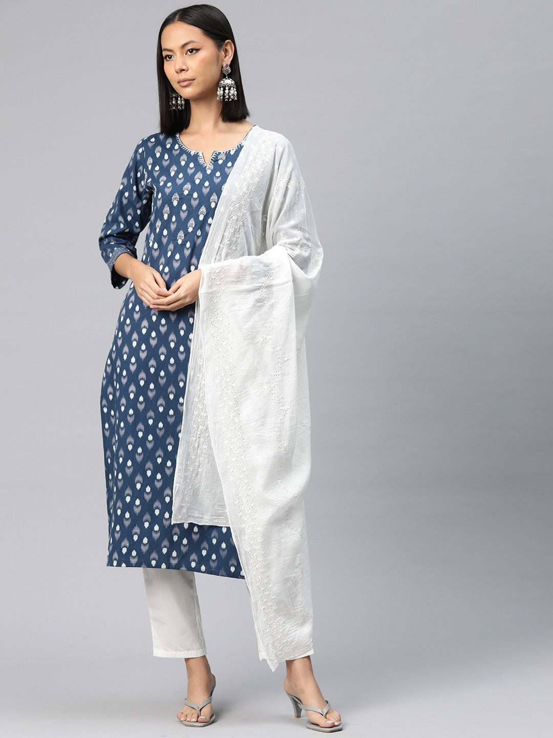 Straight Style Cotton Fabric Teal Color Printed Kurti With Palazzo And Dupatta With Sequence Work