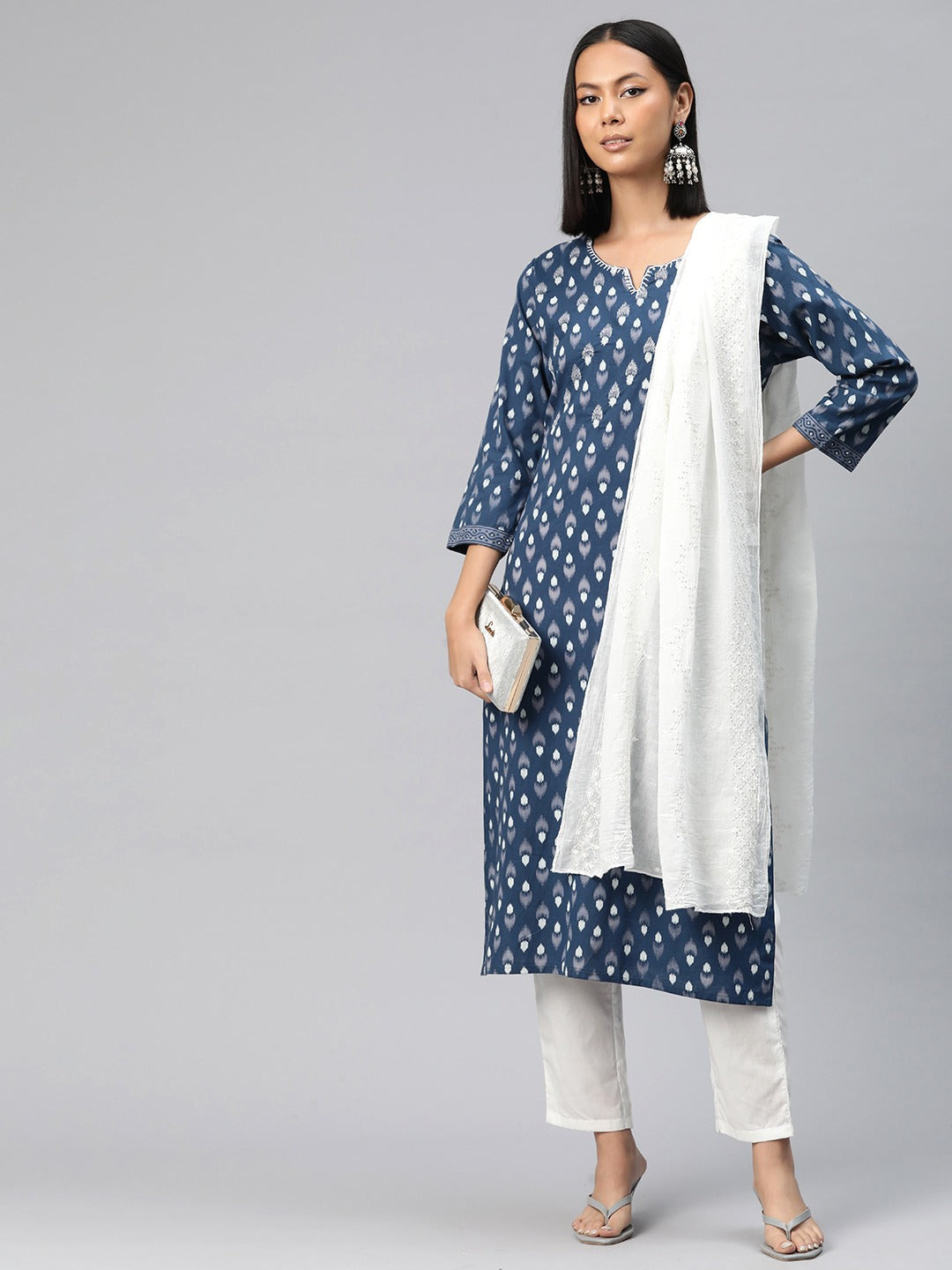 Straight Style Cotton Fabric Teal Color Printed Kurti With Palazzo And Dupatta With Sequence Work