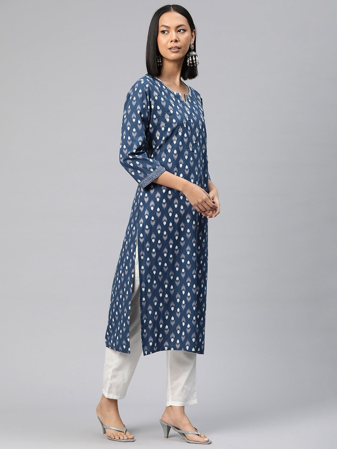 Straight Style Cotton Fabric Teal Color Printed Kurti With Palazzo And Dupatta With Sequence Work