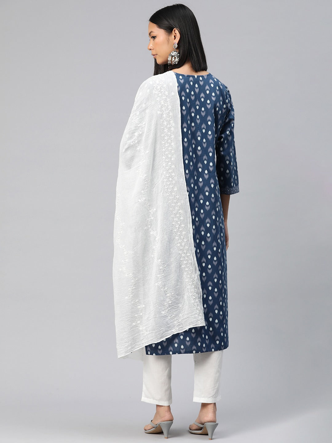 Straight Style Cotton Fabric Teal Color Printed Kurti With Palazzo And Dupatta With Sequence Work