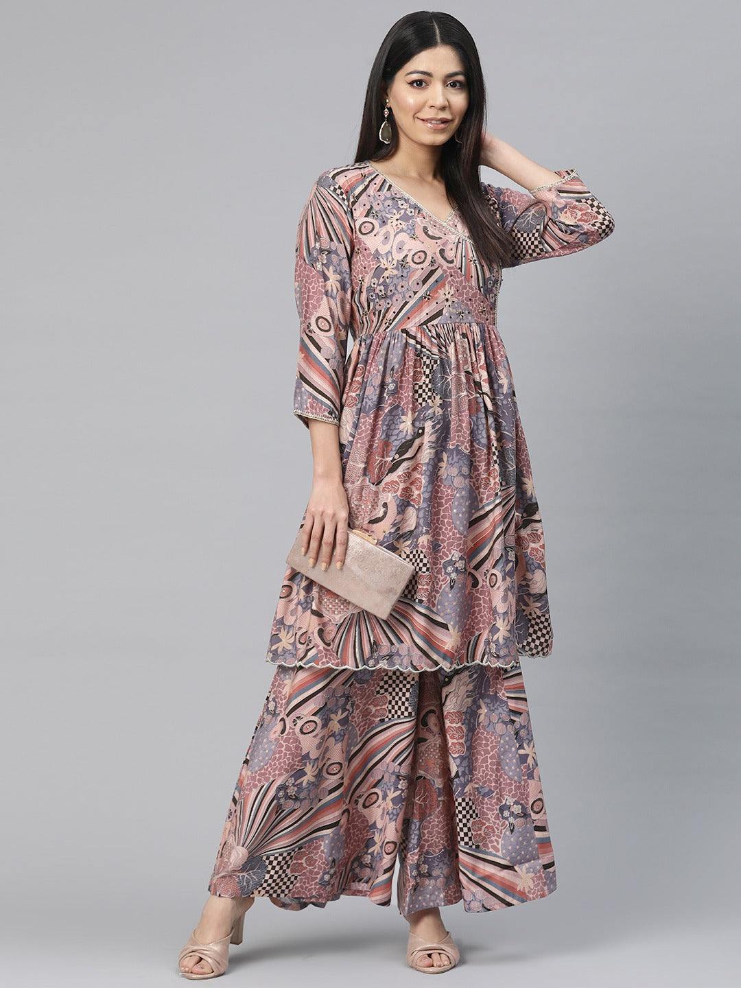 Anarkali Style Silk Fabric Mauve Color Printed Kurti With Palazzo