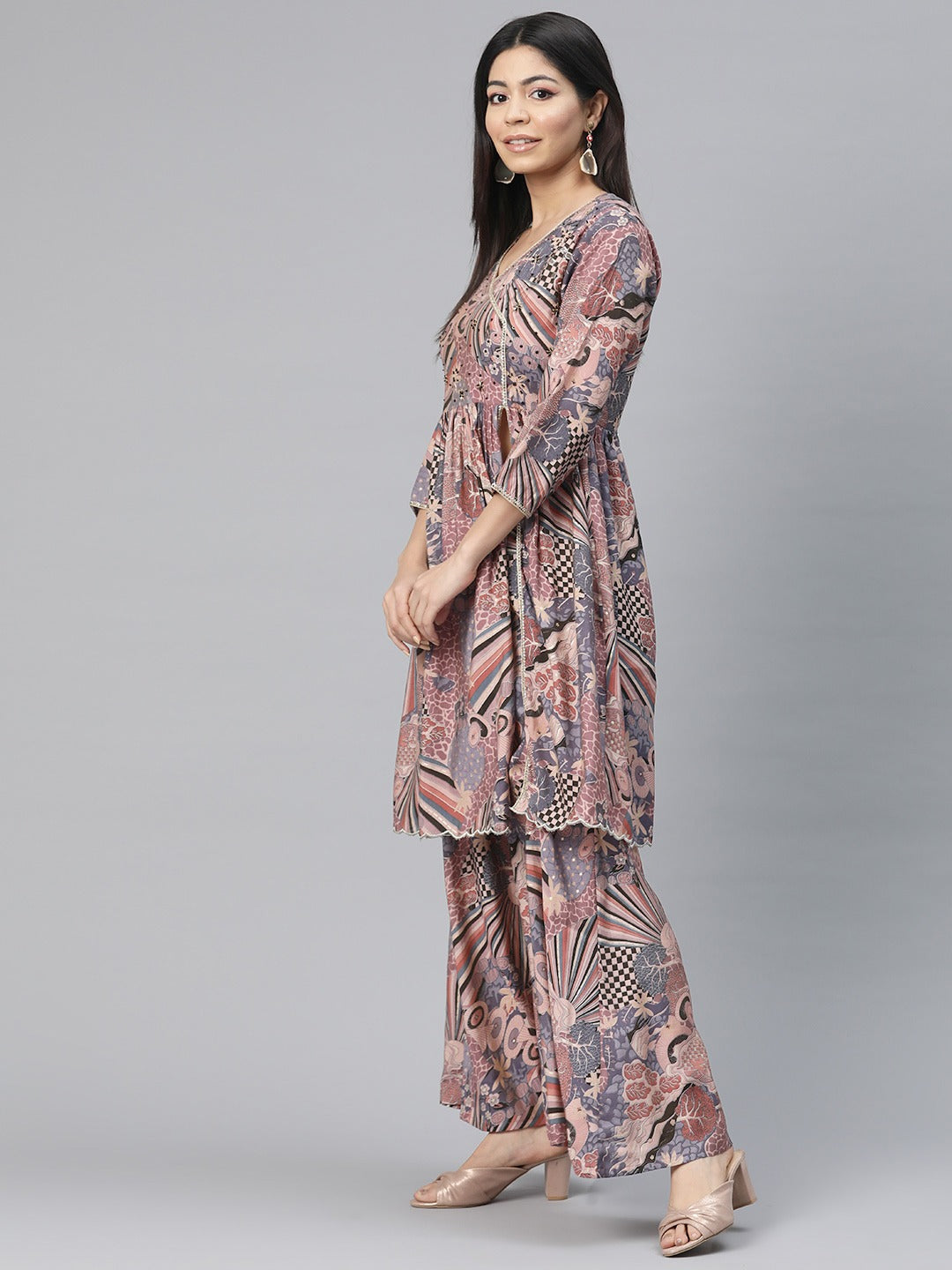 Anarkali Style Silk Fabric Mauve Color Printed Kurti With Palazzo