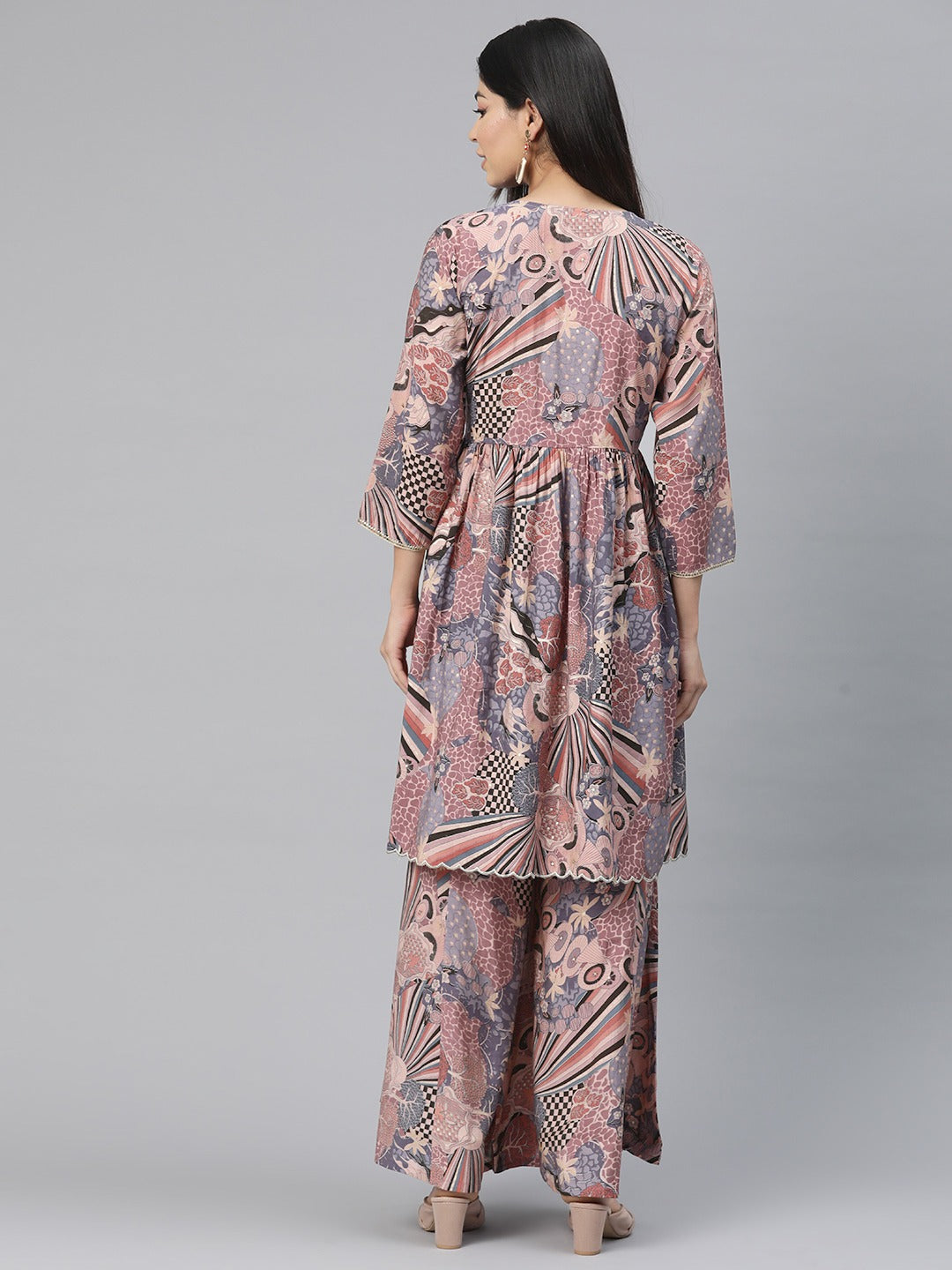 Anarkali Style Silk Fabric Mauve Color Printed Kurti With Palazzo