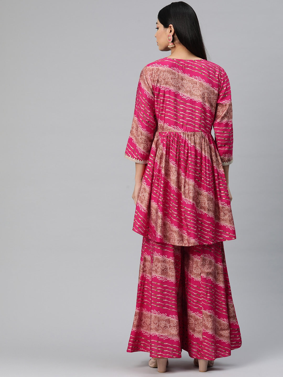 Anarkali Style Silk Fabric Pink Color Bandhej Printed Kurti With Palazzo