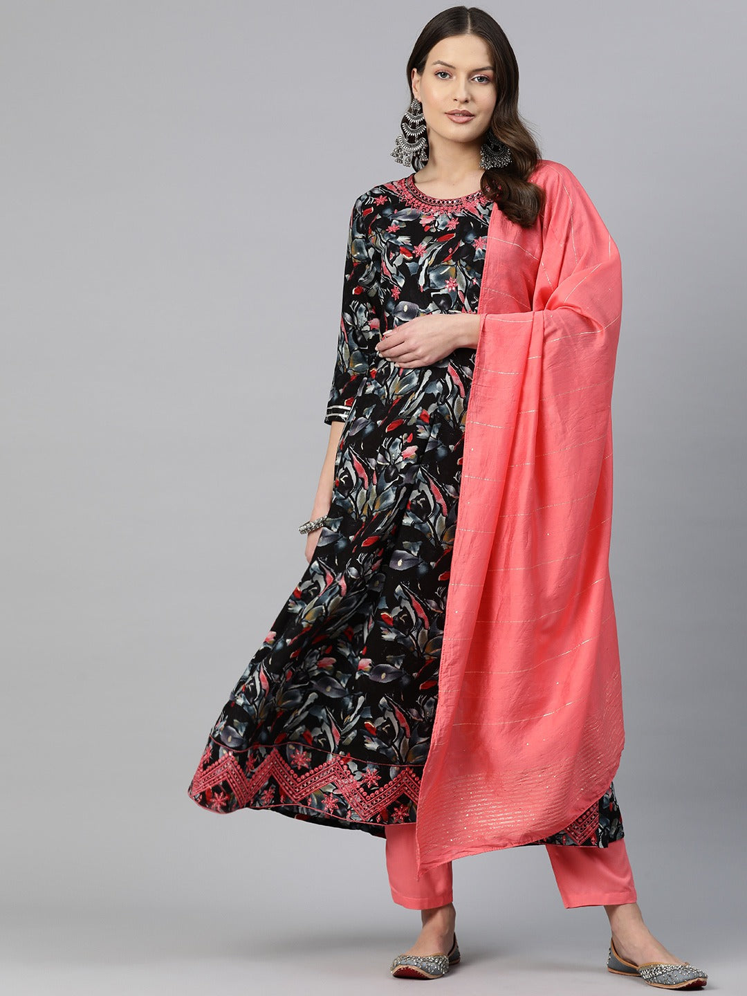 Anarkali Style Rayon Fabric Pink Color Embroidered & Printed Kurti With Palazzo And Dupatta