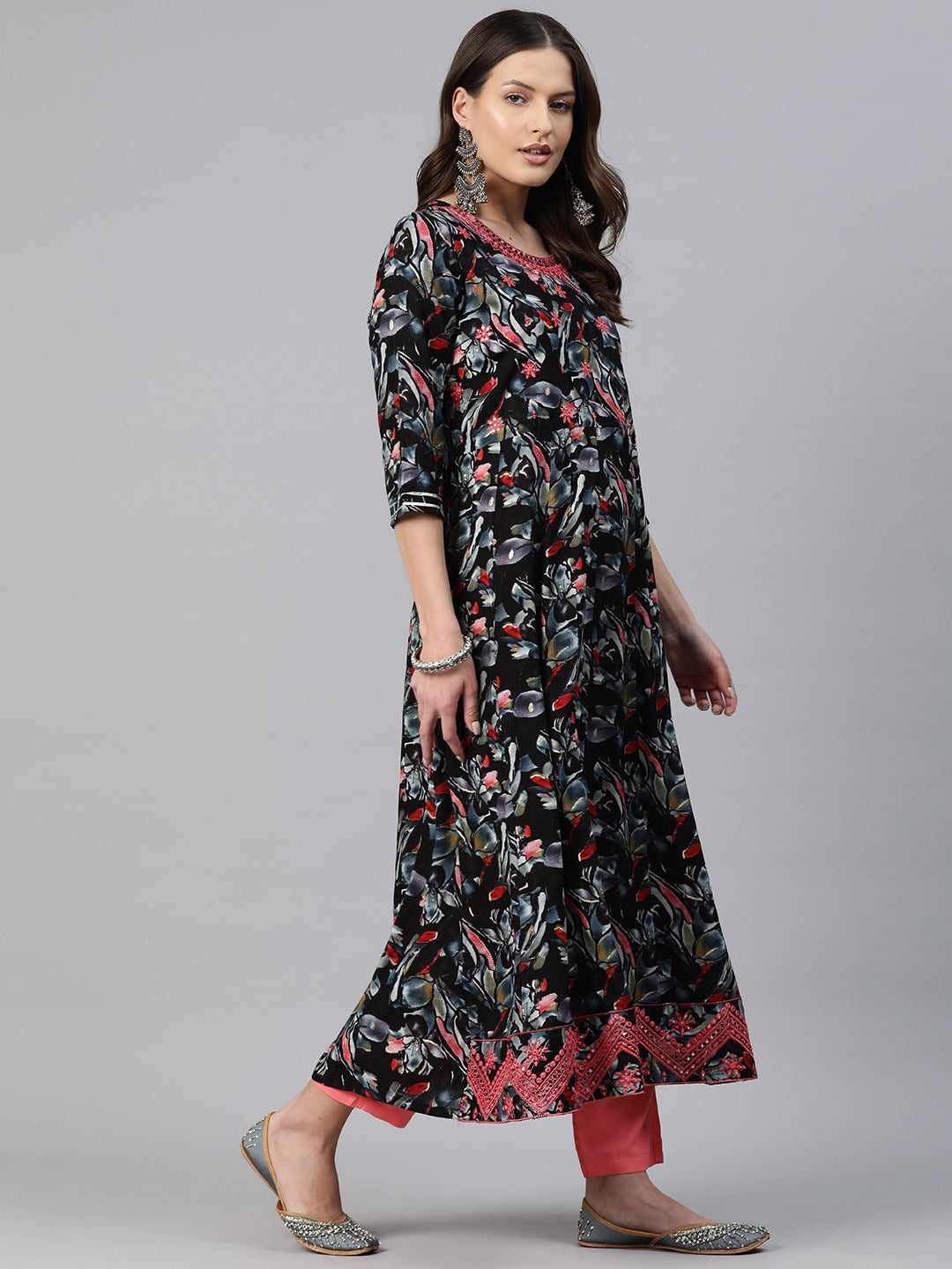 Anarkali Style Rayon Fabric Pink Color Embroidered & Printed Kurti With Palazzo And Dupatta
