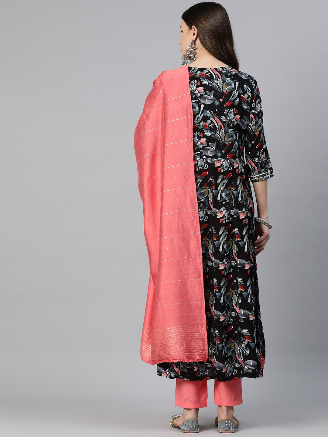 Anarkali Style Rayon Fabric Pink Color Embroidered & Printed Kurti With Palazzo And Dupatta