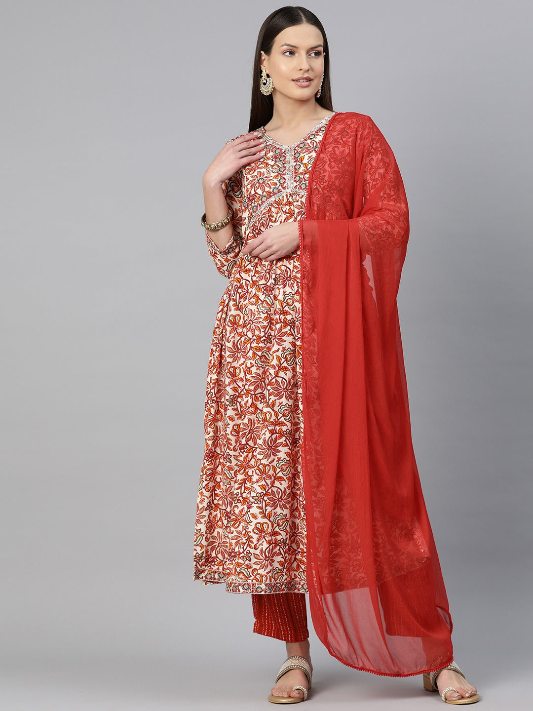 A-Line Style Rayon Fabric Red Color Embroidered & Printed Kurti With Palazzo And Dupatta