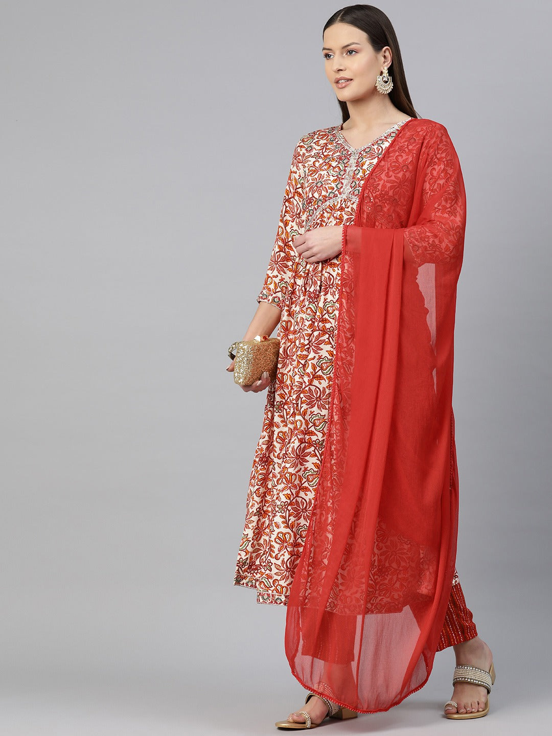 A-Line Style Rayon Fabric Red Color Embroidered & Printed Kurti With Palazzo And Dupatta