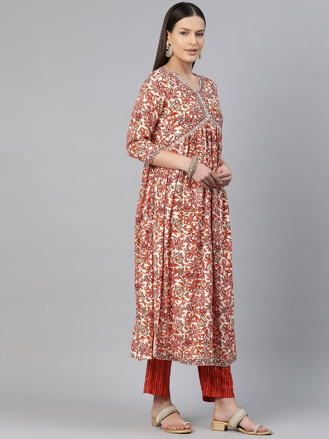 A-Line Style Rayon Fabric Red Color Embroidered & Printed Kurti With Palazzo And Dupatta