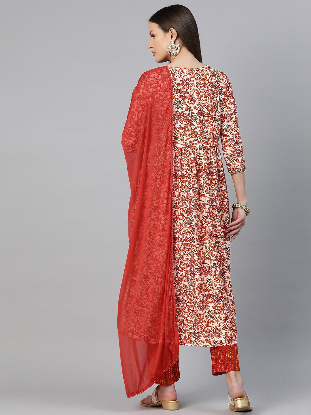 A-Line Style Rayon Fabric Red Color Embroidered & Printed Kurti With Palazzo And Dupatta