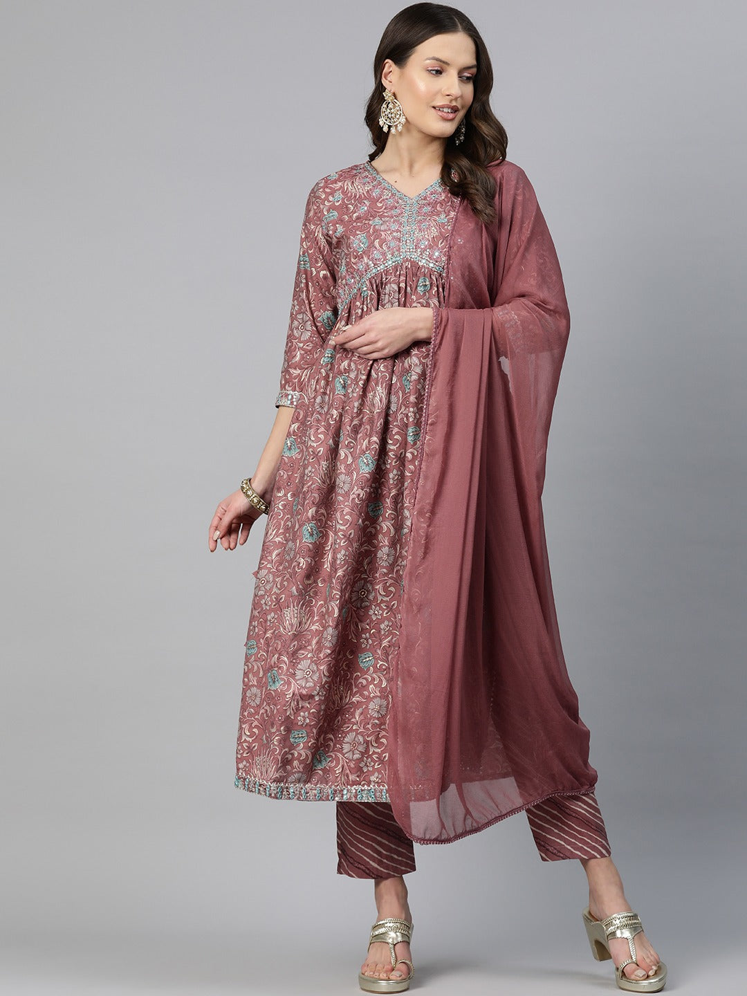 A-Line Style Chanderi Silk Fabric Mauve Color Embroidered & Floral Printed Kurti With Palazzo And Dupatta