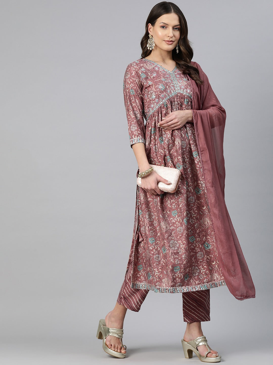 A-Line Style Chanderi Silk Fabric Mauve Color Embroidered & Floral Printed Kurti With Palazzo And Dupatta