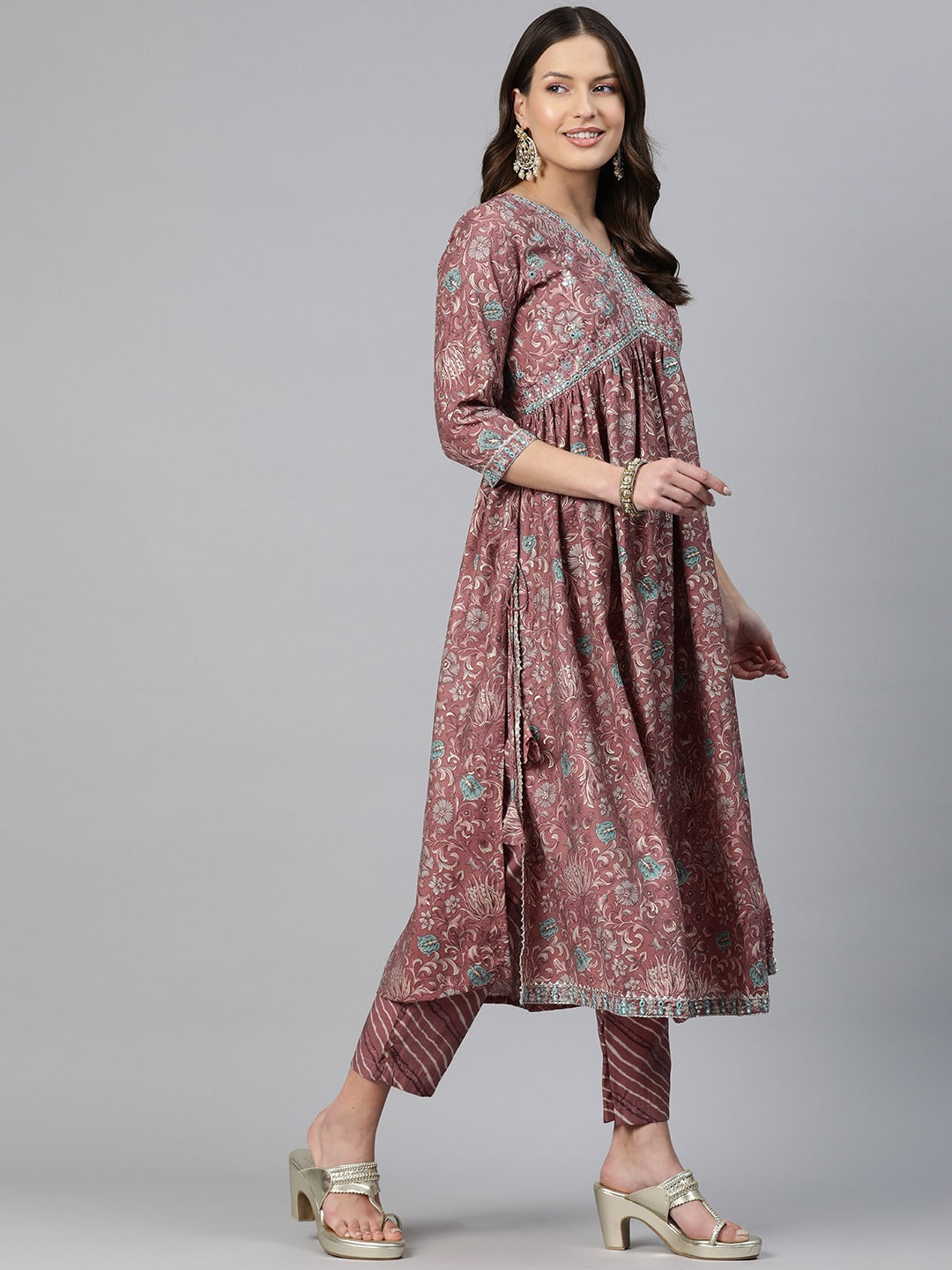 A-Line Style Chanderi Silk Fabric Mauve Color Embroidered & Floral Printed Kurti With Palazzo And Dupatta